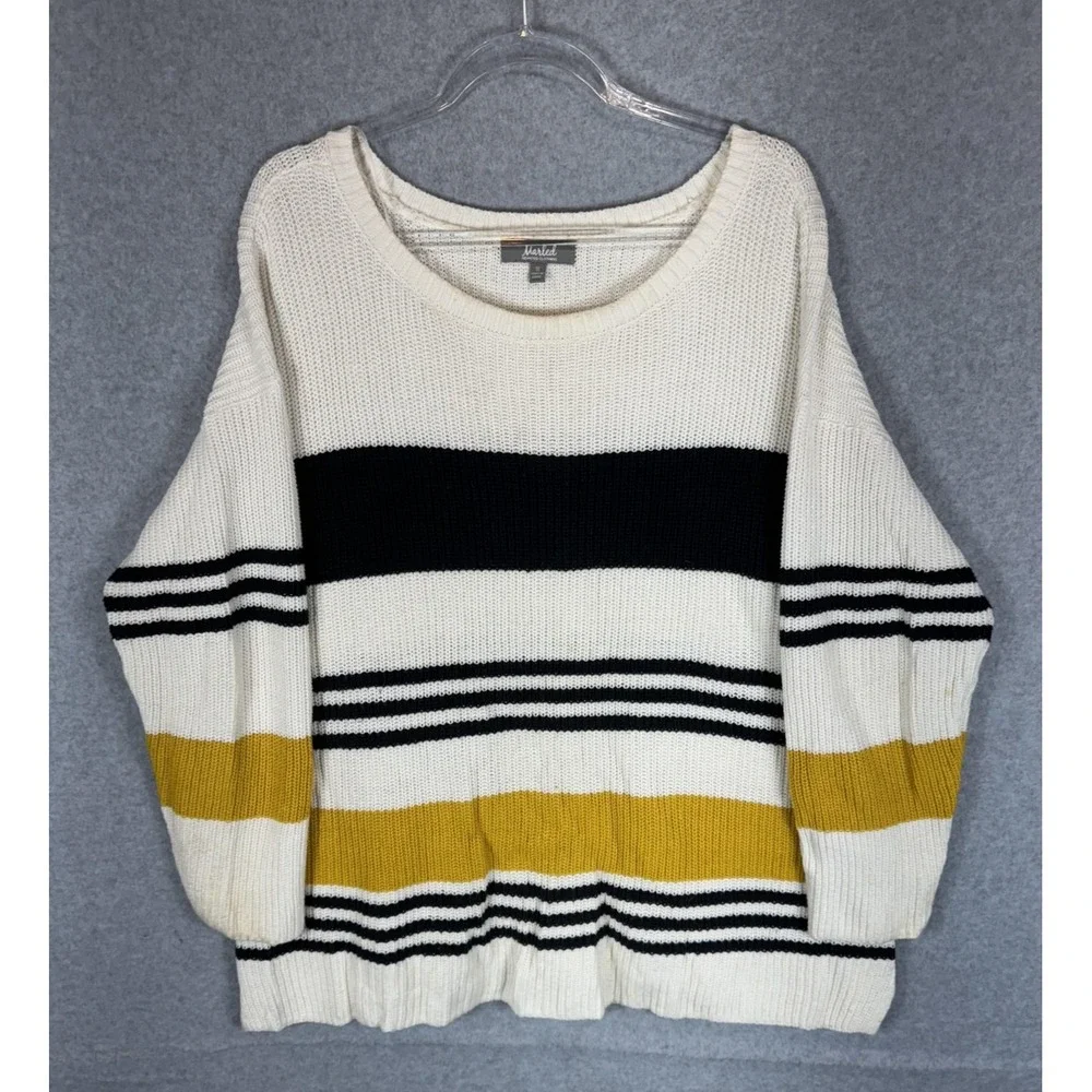 Marled Sweater Womens 1X Cream Black Yellow Striped Knit Pullover Plus Cozy Top